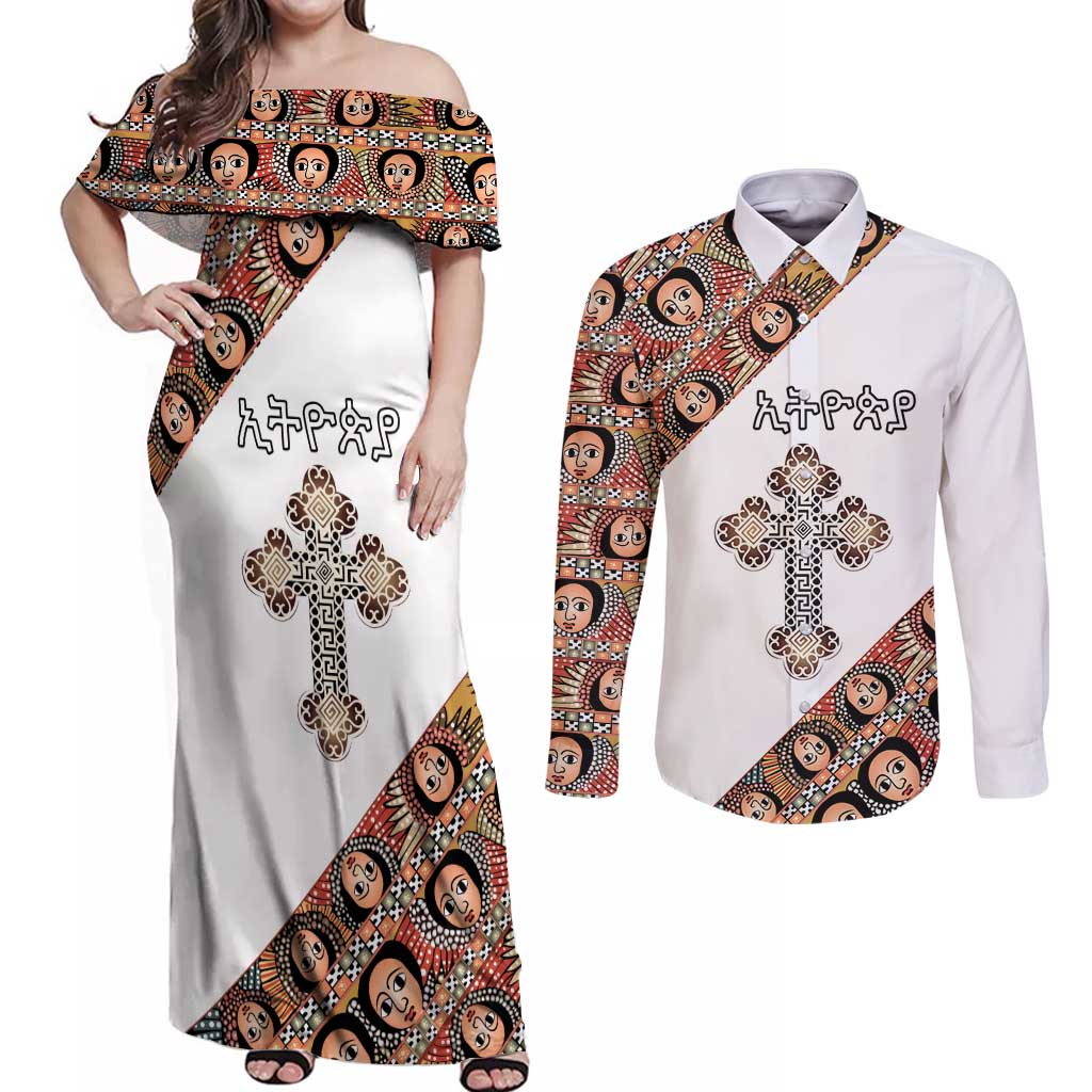 Personalized Ethiopian Orthodox Church Angel Couples Matching Off Shoulder Maxi Dress and Long Sleeve Button Shirt