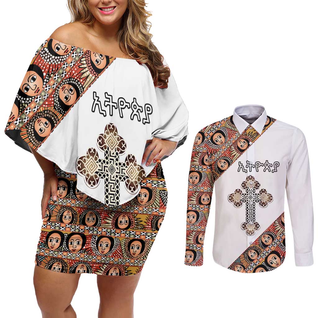 Personalized Ethiopian Orthodox Church Angel Couples Matching Off Shoulder Short Dress and Long Sleeve Button Shirt