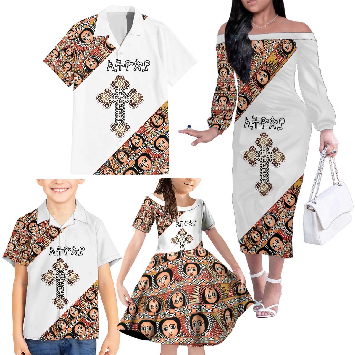 Personalized Ethiopian Orthodox Church Angel Family Matching Off The Shoulder Long Sleeve Dress and Hawaiian Shirt