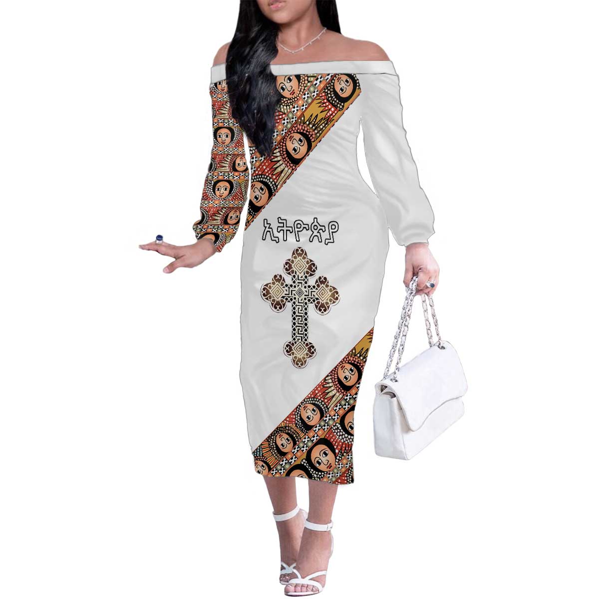 Personalized Ethiopian Orthodox Church Angel Family Matching Off The Shoulder Long Sleeve Dress and Hawaiian Shirt