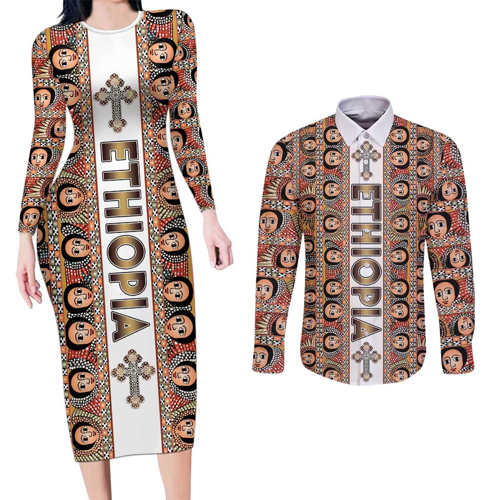 Personalized  Ethiopian Tewahedo Angel Orthodox Couples Matching Long Sleeve Bodycon Dress and Long Sleeve Button Shirt