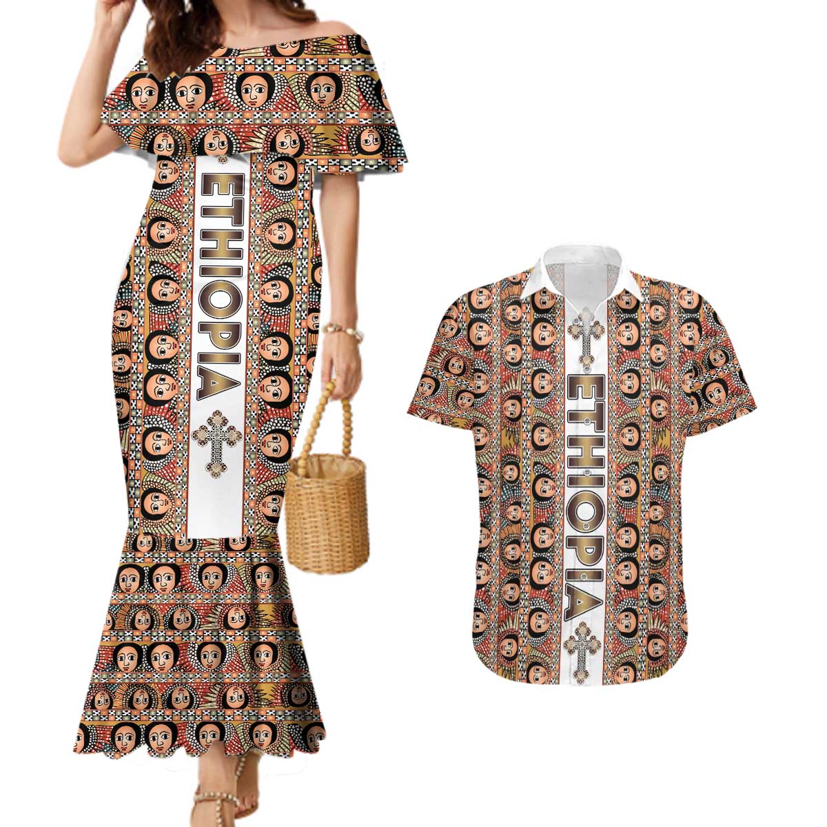 Personalized  Ethiopian Tewahedo Angel Orthodox Couples Matching Mermaid Dress and Hawaiian Shirt