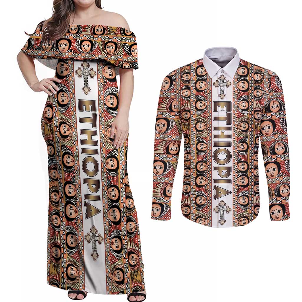 Personalized  Ethiopian Tewahedo Angel Orthodox Couples Matching Off Shoulder Maxi Dress and Long Sleeve Button Shirt