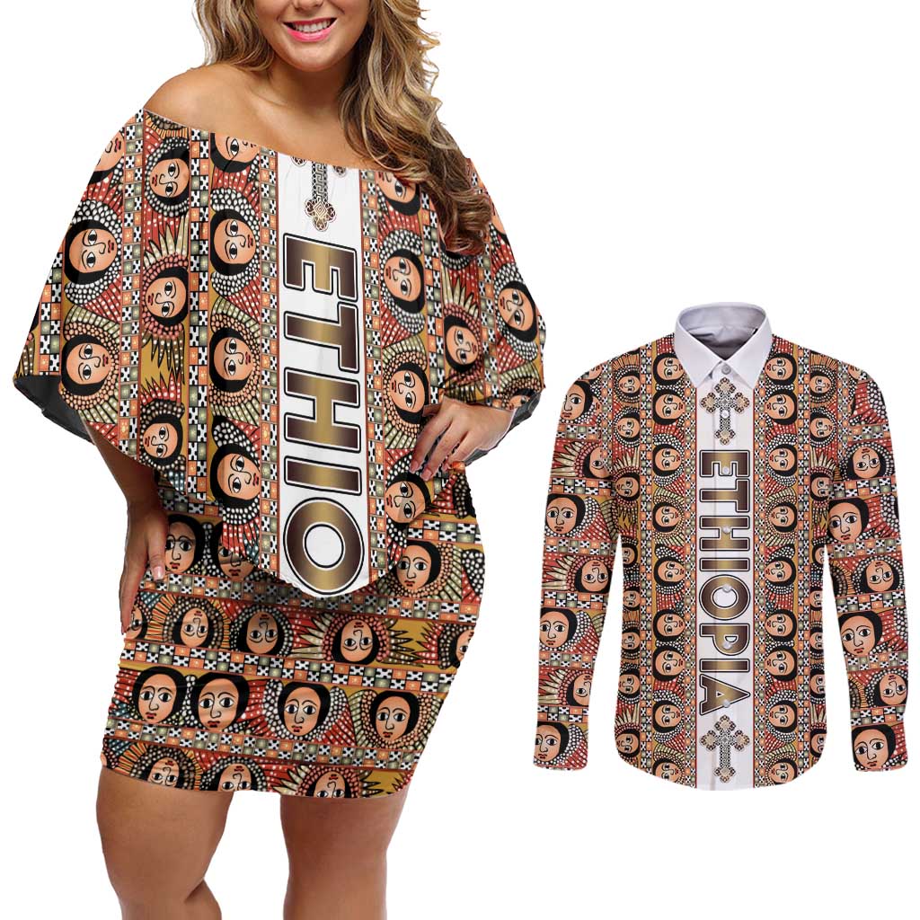 Personalized  Ethiopian Tewahedo Angel Orthodox Couples Matching Off Shoulder Short Dress and Long Sleeve Button Shirt