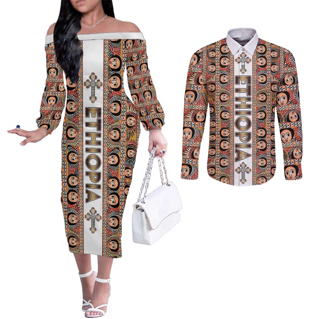 Personalized  Ethiopian Tewahedo Angel Orthodox Couples Matching Off The Shoulder Long Sleeve Dress and Long Sleeve Button Shirt