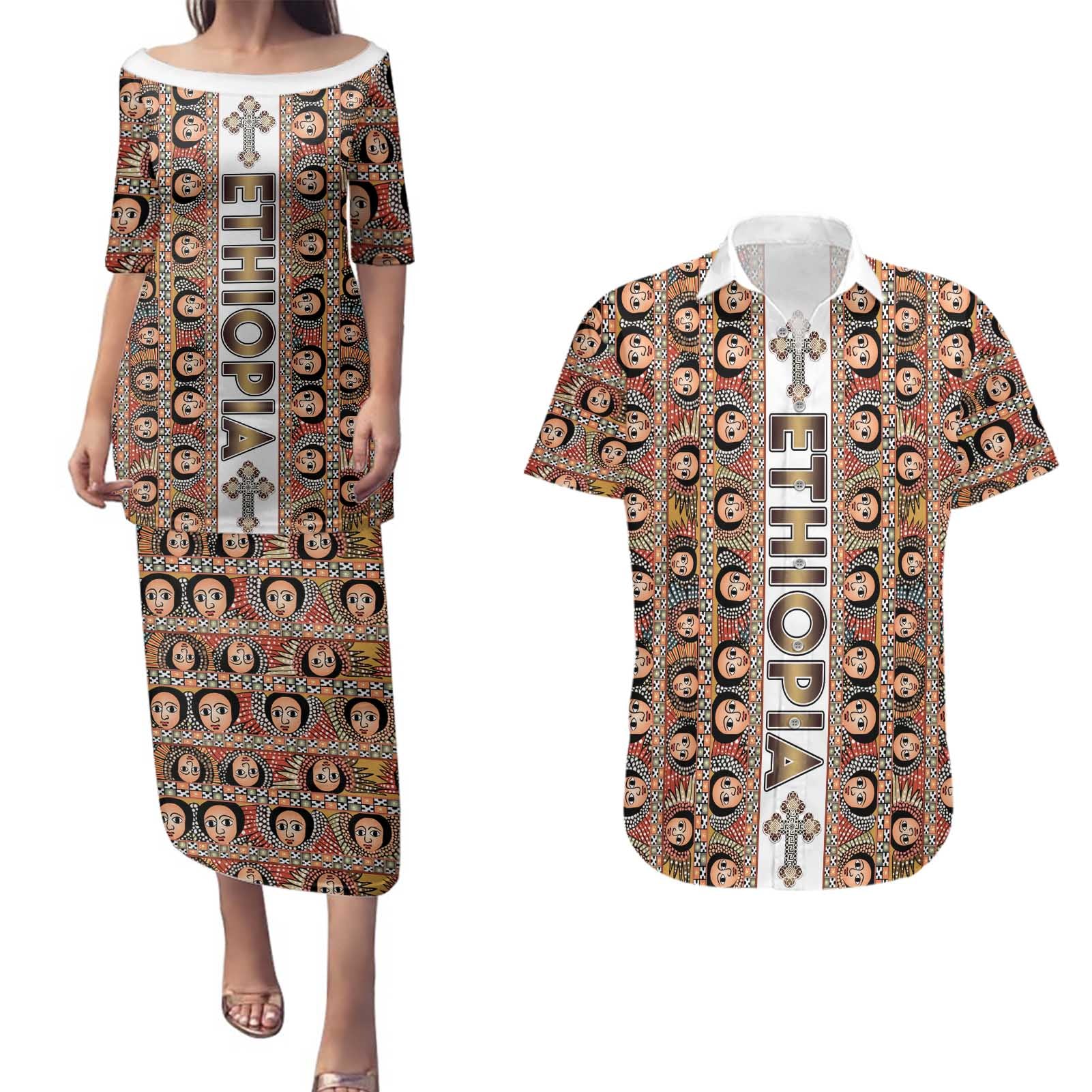 Personalized  Ethiopian Tewahedo Angel Orthodox Couples Matching Puletasi and Hawaiian Shirt