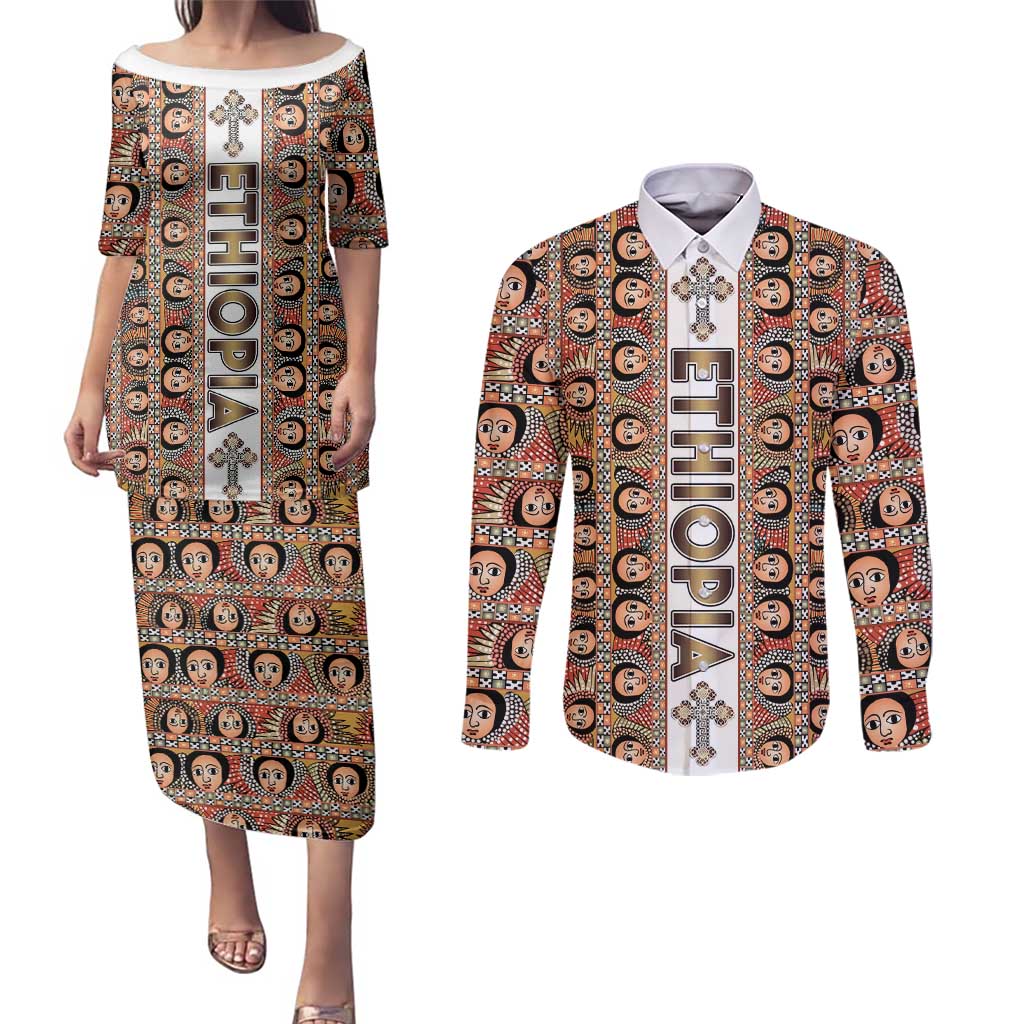 Personalized  Ethiopian Tewahedo Angel Orthodox Couples Matching Puletasi and Long Sleeve Button Shirt