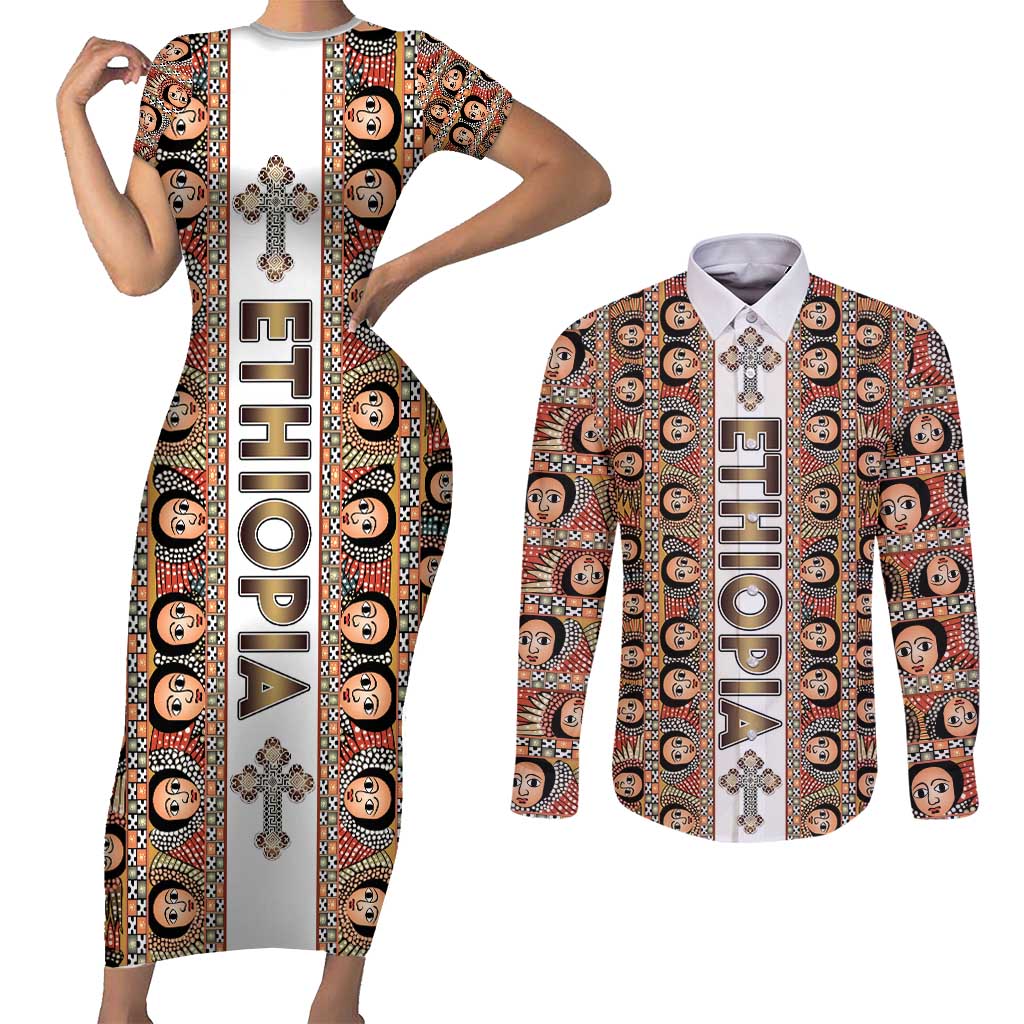 Personalized  Ethiopian Tewahedo Angel Orthodox Couples Matching Short Sleeve Bodycon Dress and Long Sleeve Button Shirt