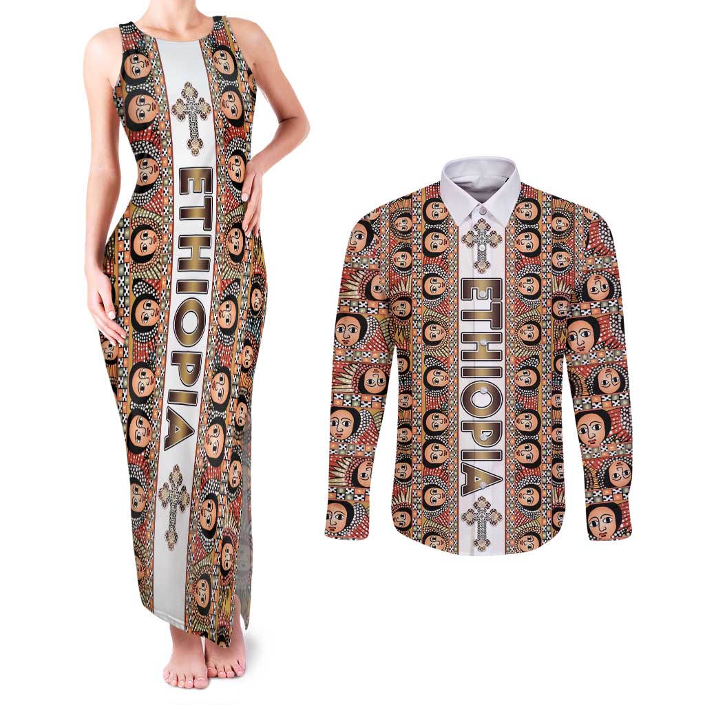 Personalized  Ethiopian Tewahedo Angel Orthodox Couples Matching Tank Maxi Dress and Long Sleeve Button Shirt