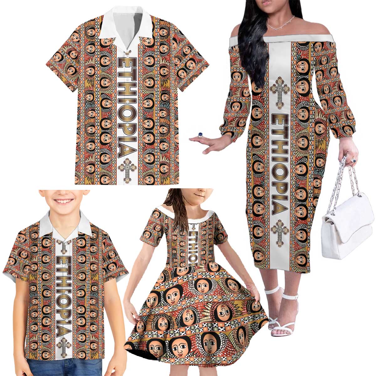 Personalized  Ethiopian Tewahedo Angel Orthodox Family Matching Off The Shoulder Long Sleeve Dress and Hawaiian Shirt