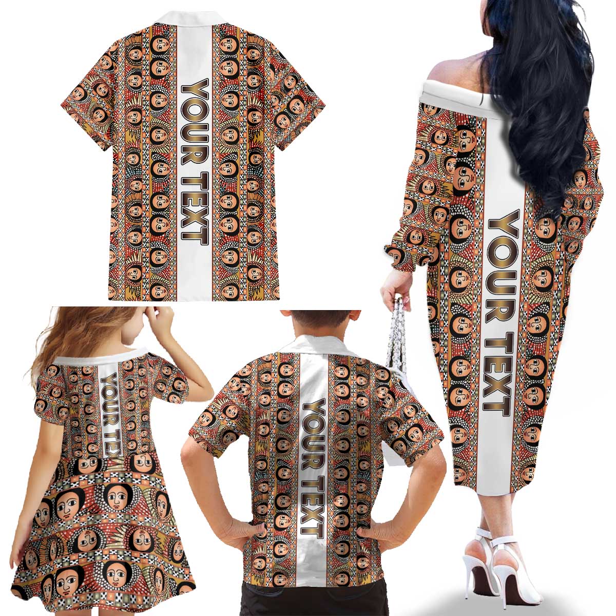 Personalized  Ethiopian Tewahedo Angel Orthodox Family Matching Off The Shoulder Long Sleeve Dress and Hawaiian Shirt