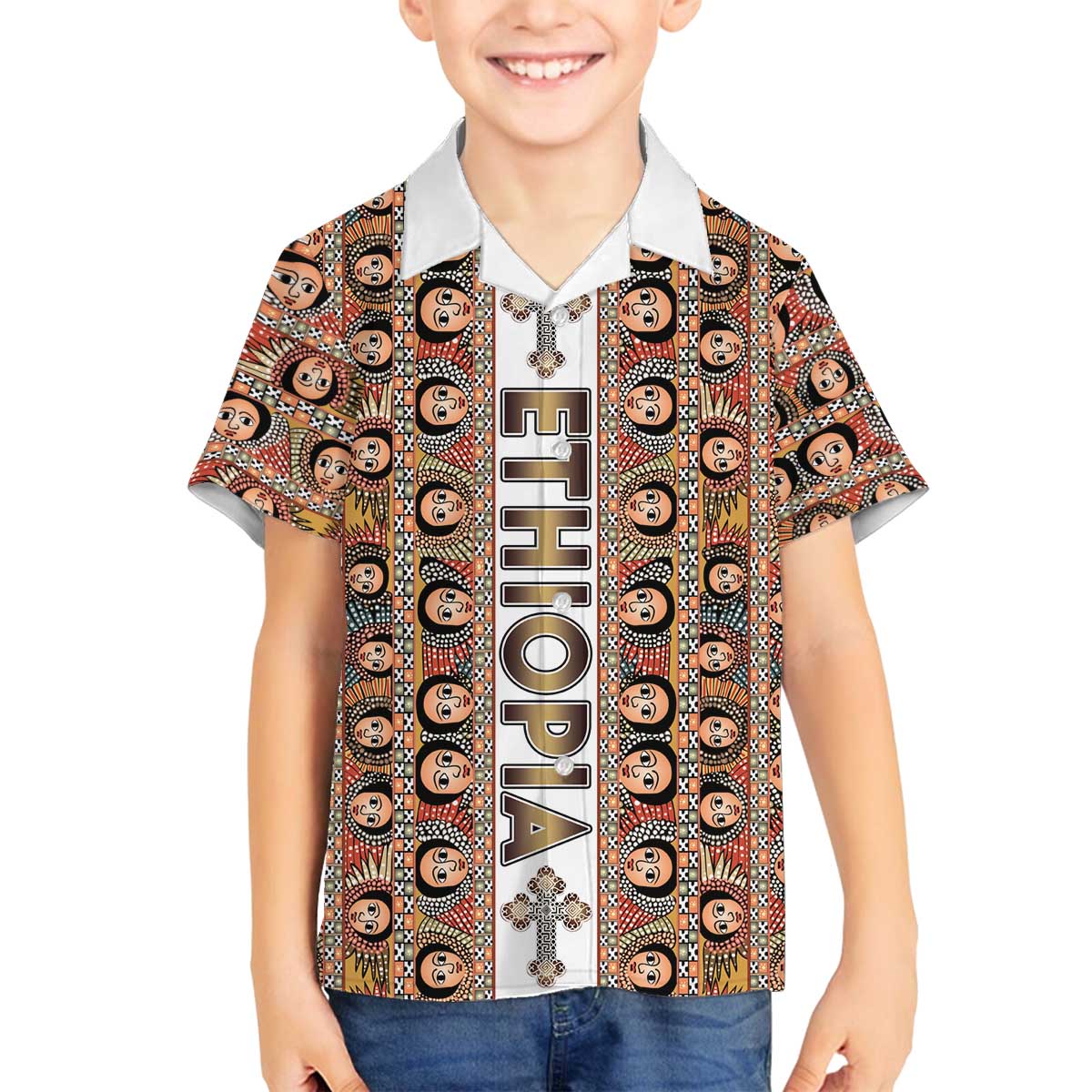 Personalized  Ethiopian Tewahedo Angel Orthodox Family Matching Off The Shoulder Long Sleeve Dress and Hawaiian Shirt