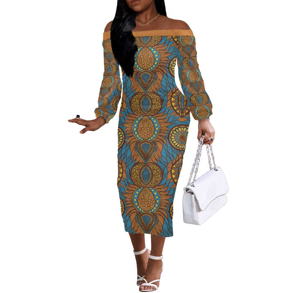 Tribal Earth African Ankara Pattern Off The Shoulder Long Sleeve Dress