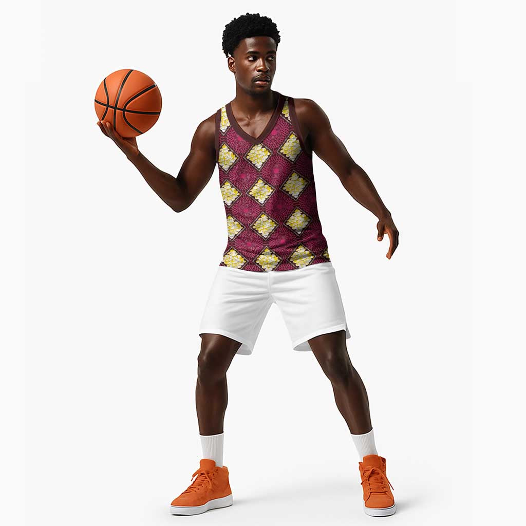 Ruby Gold African Ankara Pattern Basketball Jersey