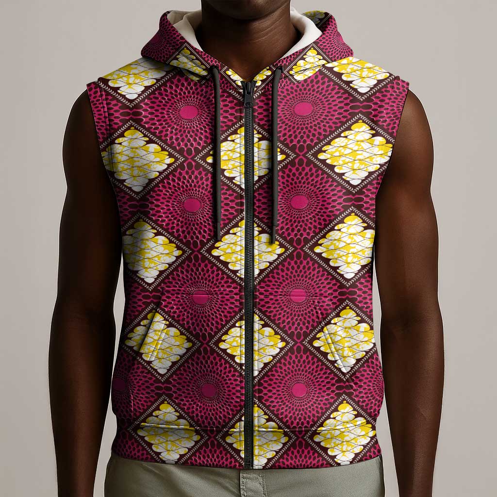 Ruby Gold African Ankara Pattern Sleeveless Zip Hoodie