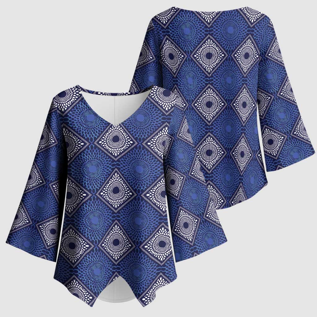 Indigo Diamond African Ankara Pattern Kimono Sleeve Blouse