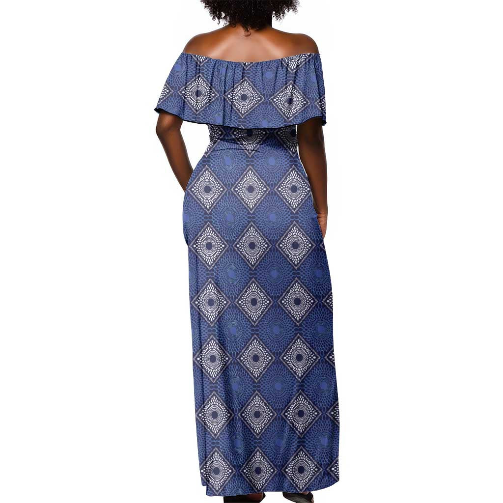 Indigo Diamond African Ankara Pattern Off Shoulder Maxi Dress