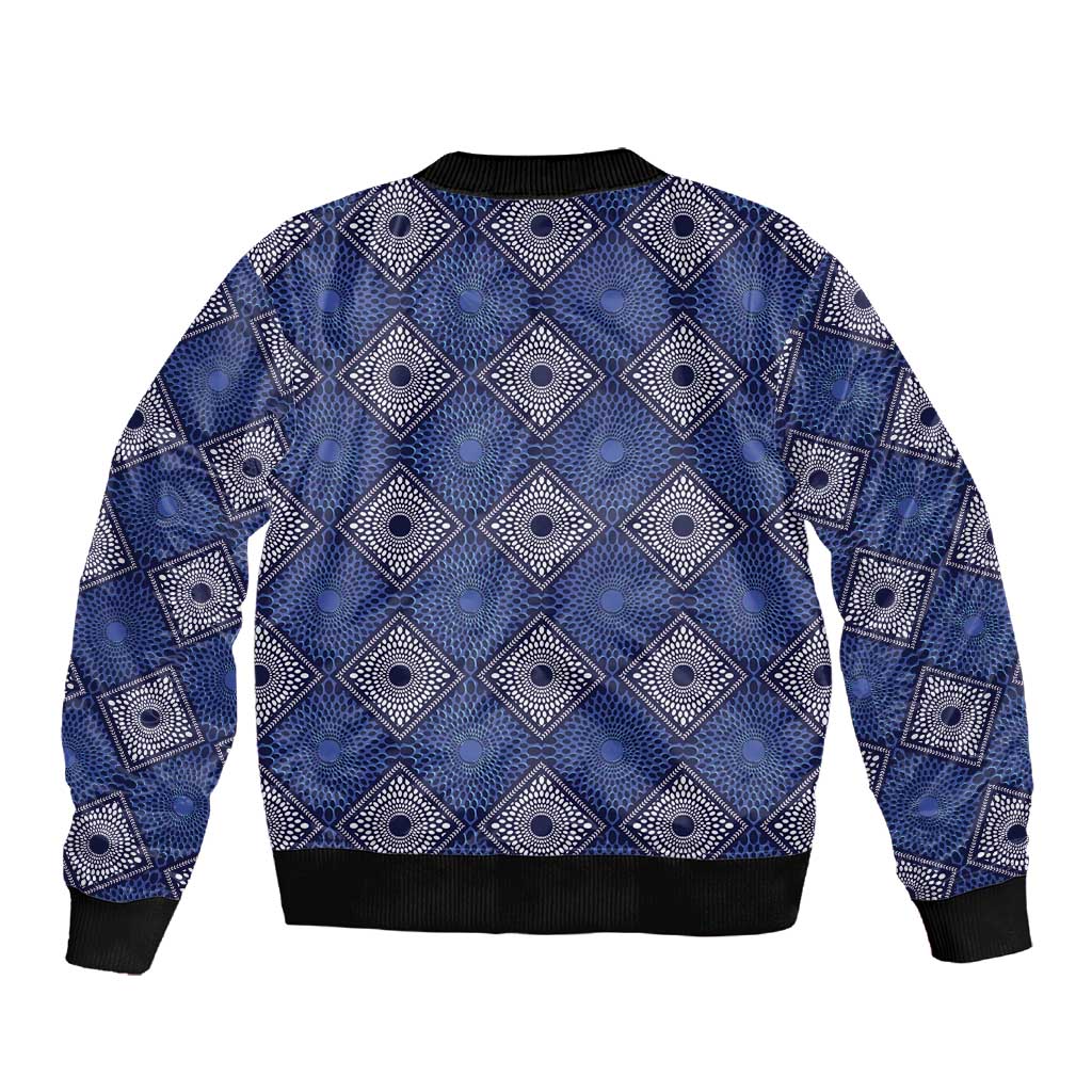Indigo Diamond African Ankara Pattern Sleeve Zip Bomber Jacket