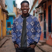 Indigo Diamond African Ankara Pattern Sleeve Zip Bomber Jacket