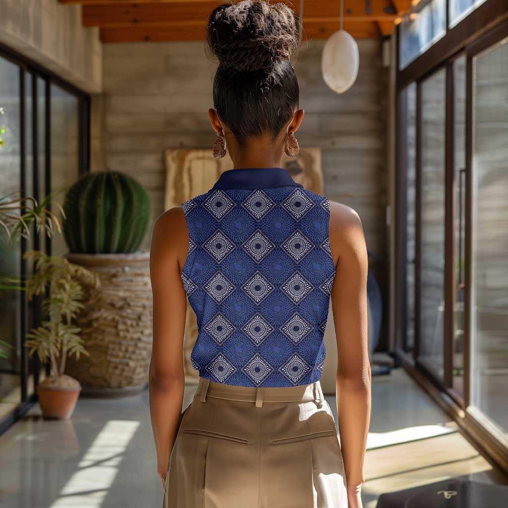 Indigo Diamond African Ankara Pattern Women Sleeveless Polo Shirt