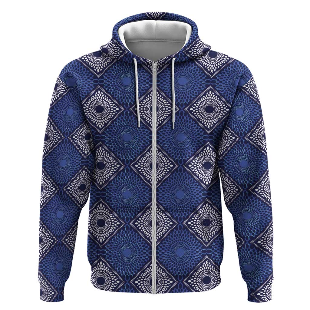 Indigo Diamond African Ankara Pattern Zip Hoodie