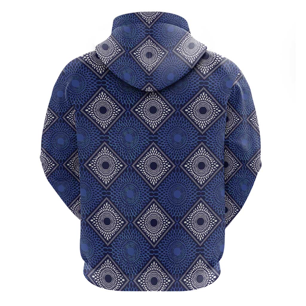 Indigo Diamond African Ankara Pattern Zip Hoodie