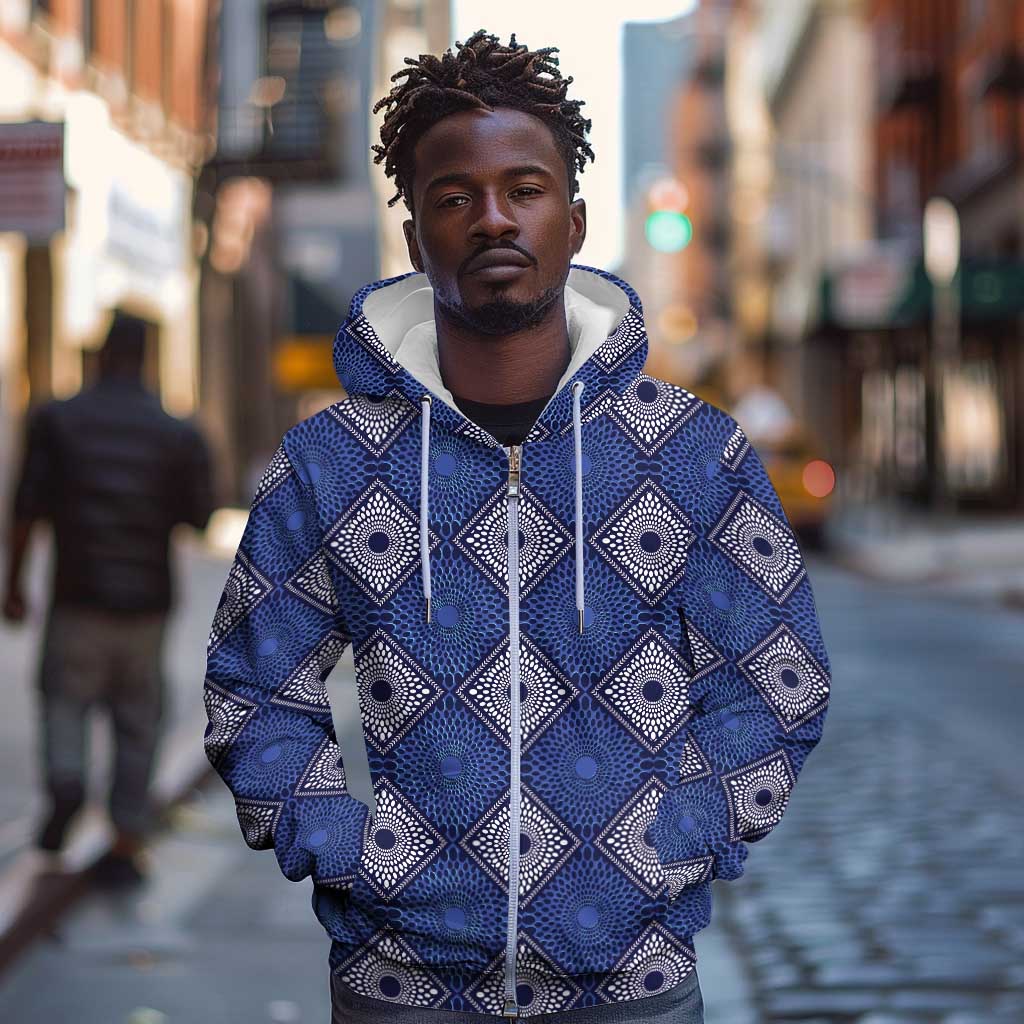 Indigo Diamond African Ankara Pattern Zip Hoodie