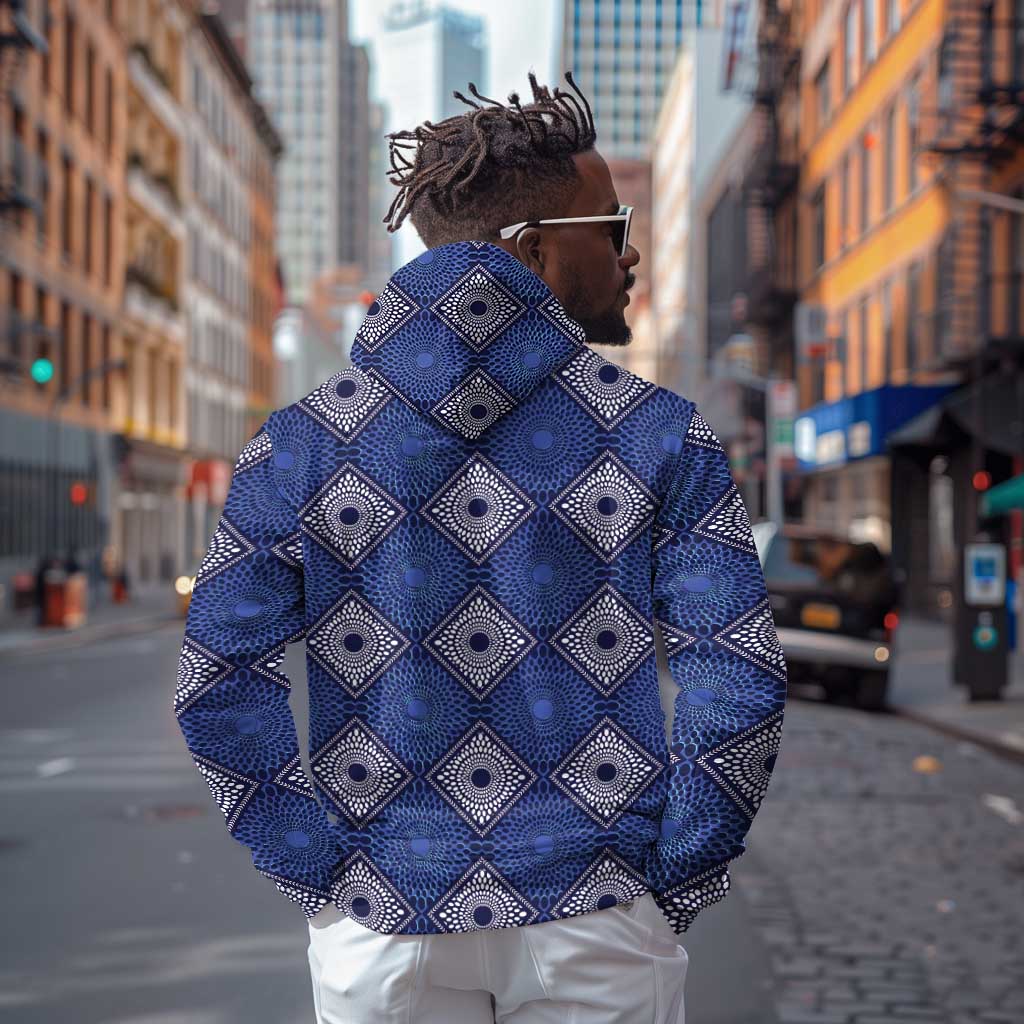Indigo Diamond African Ankara Pattern Zip Hoodie