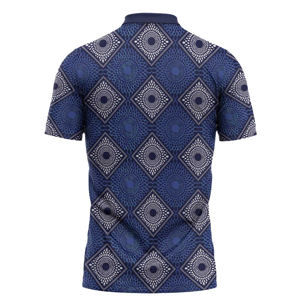 Indigo Diamond African Ankara Pattern Zipper Polo Shirt