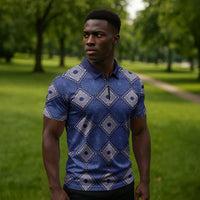 Indigo Diamond African Ankara Pattern Zipper Polo Shirt