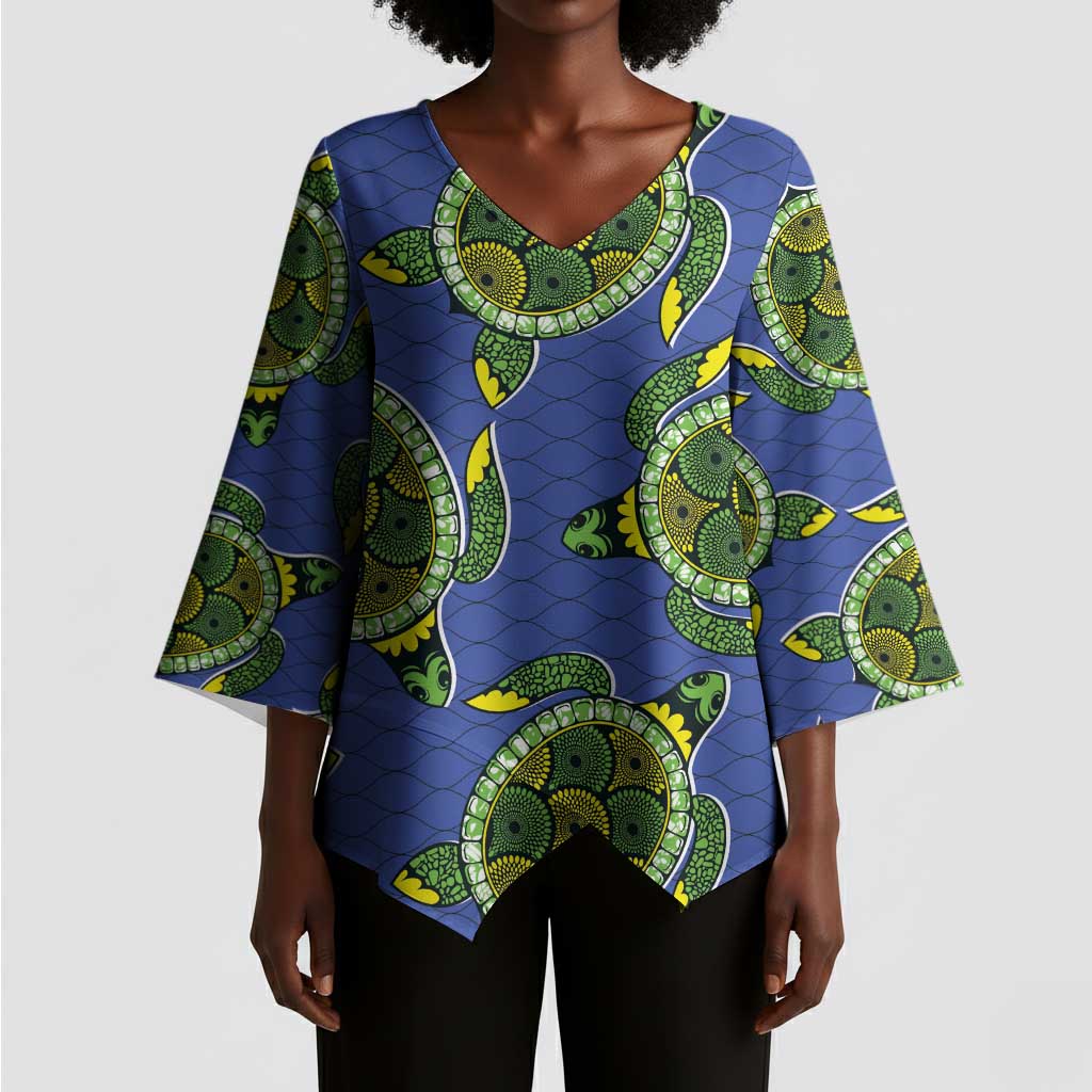 Emerald Turtle African Ankara Pattern Kimono Sleeve Blouse