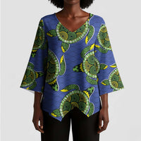 Emerald Turtle African Ankara Pattern Kimono Sleeve Blouse