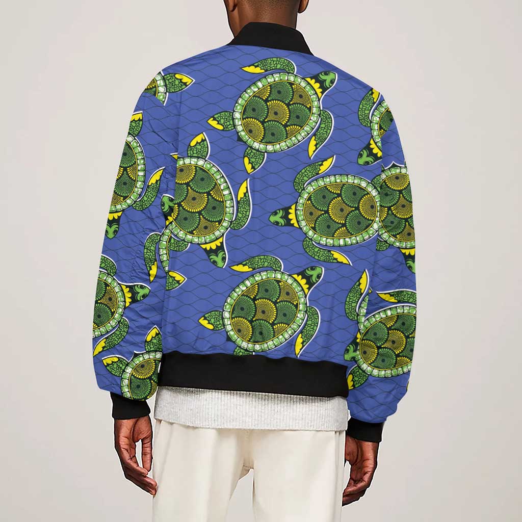 Emerald Turtle African Ankara Pattern Sleeve Zip Bomber Jacket