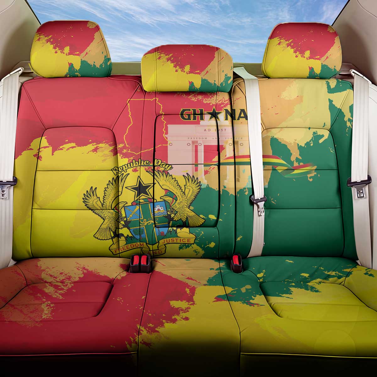 Ghana Republic Day Back Car Seat Cover Black Star Square With Coat Of Arms