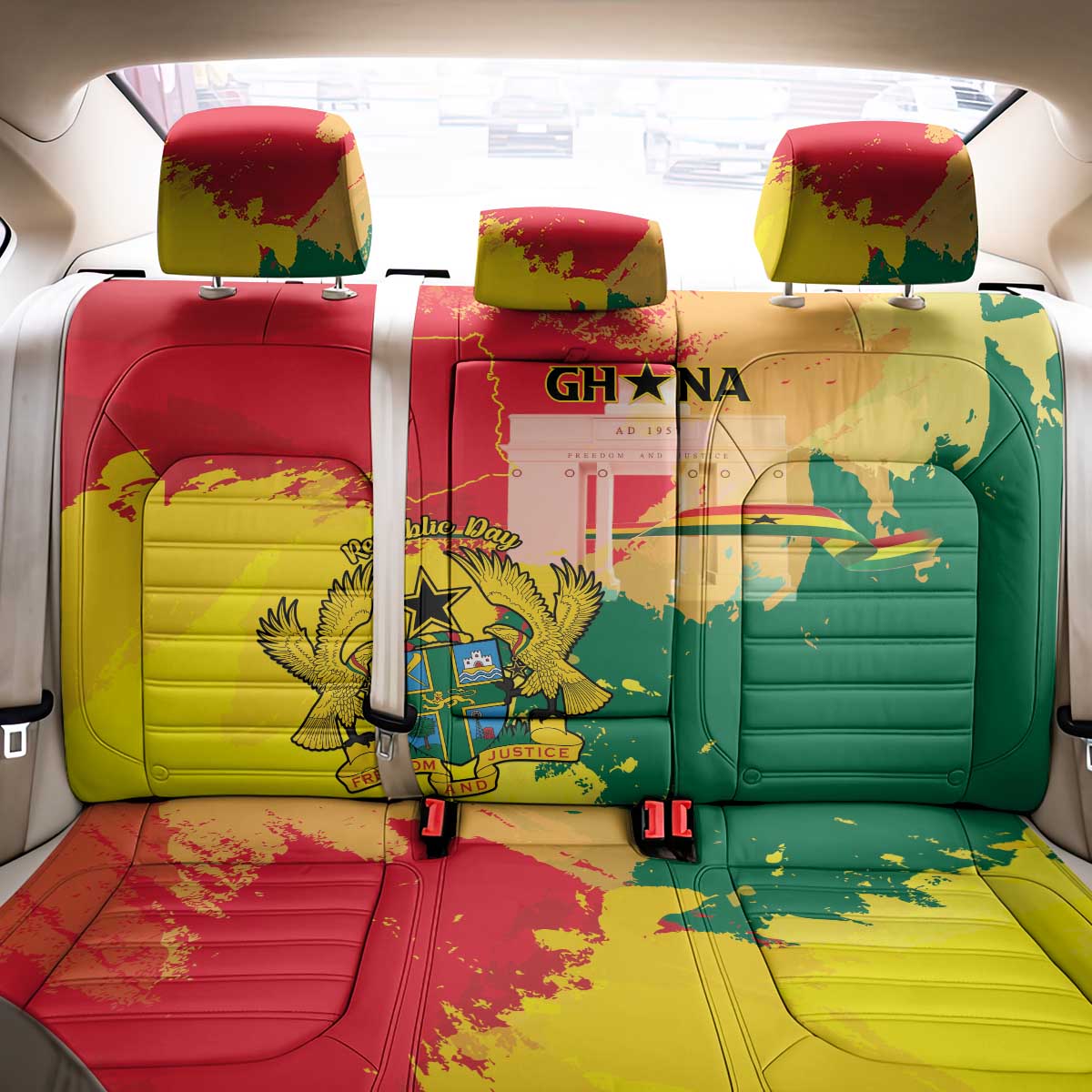 Ghana Republic Day Back Car Seat Cover Black Star Square With Coat Of Arms