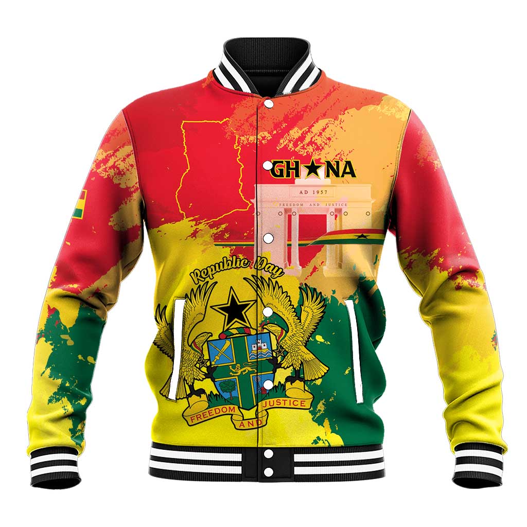 Personalized Ghana Republic Day Baseball Jacket Black Star Square With Coat Of Arms
