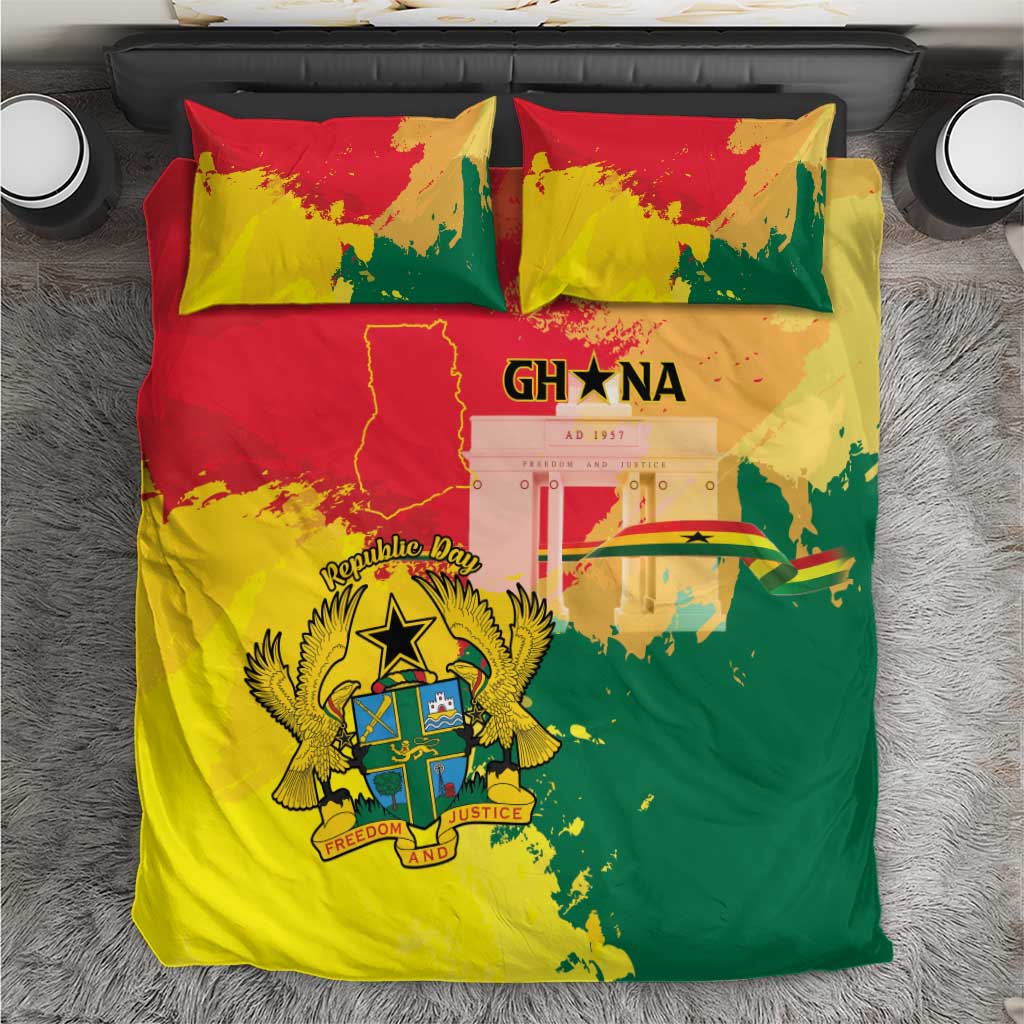 Ghana Republic Day Bedding Set Black Star Square With Coat Of Arms