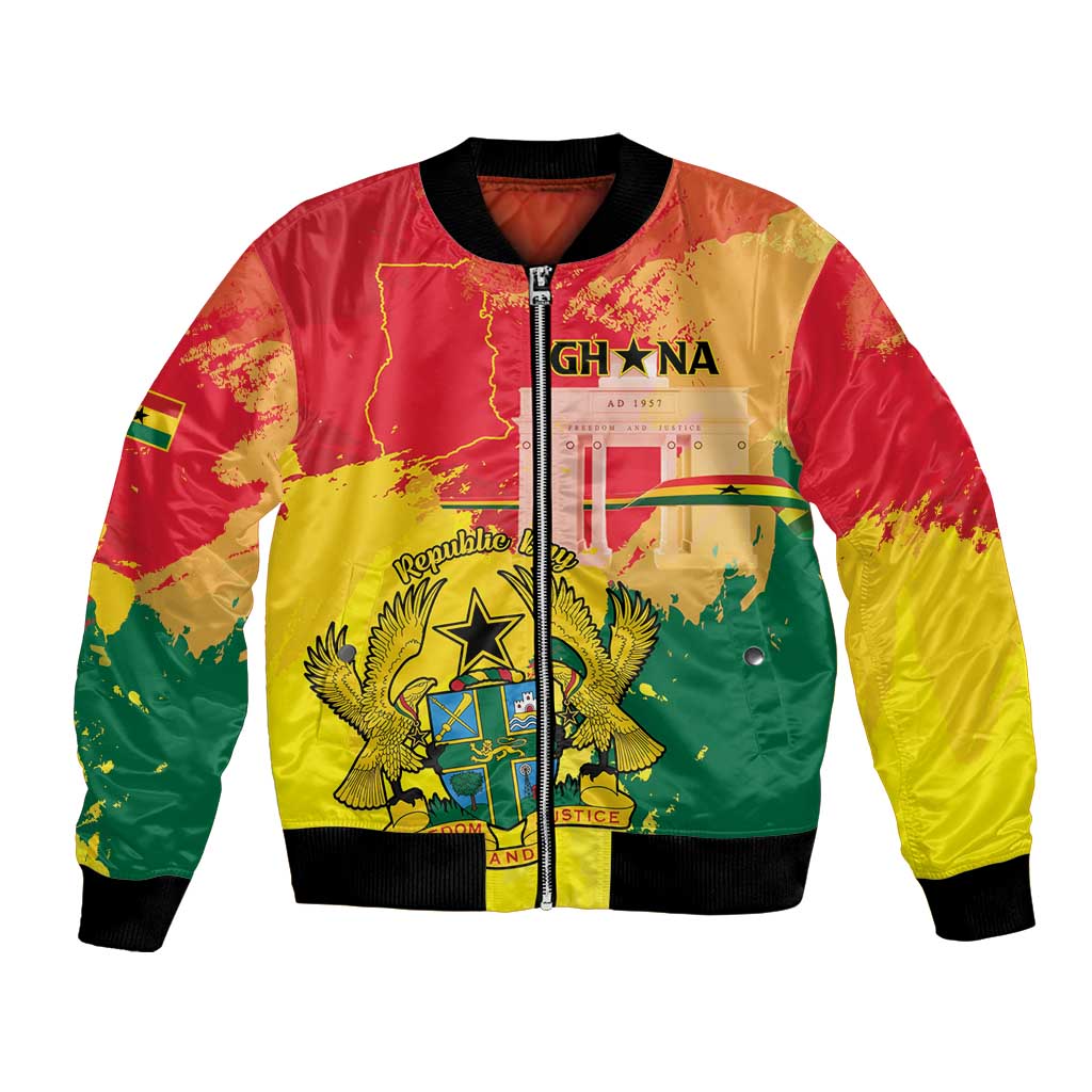 Personalized Ghana Republic Day Bomber Jacket Black Star Square With Coat Of Arms