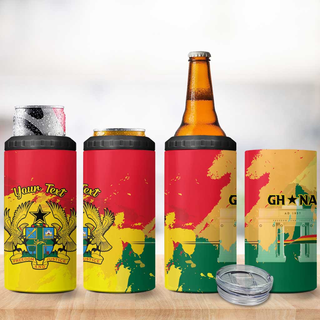 Personalized Ghana Republic Day 4 in 1 Can Cooler Tumbler Black Star Square With Coat Of Arms