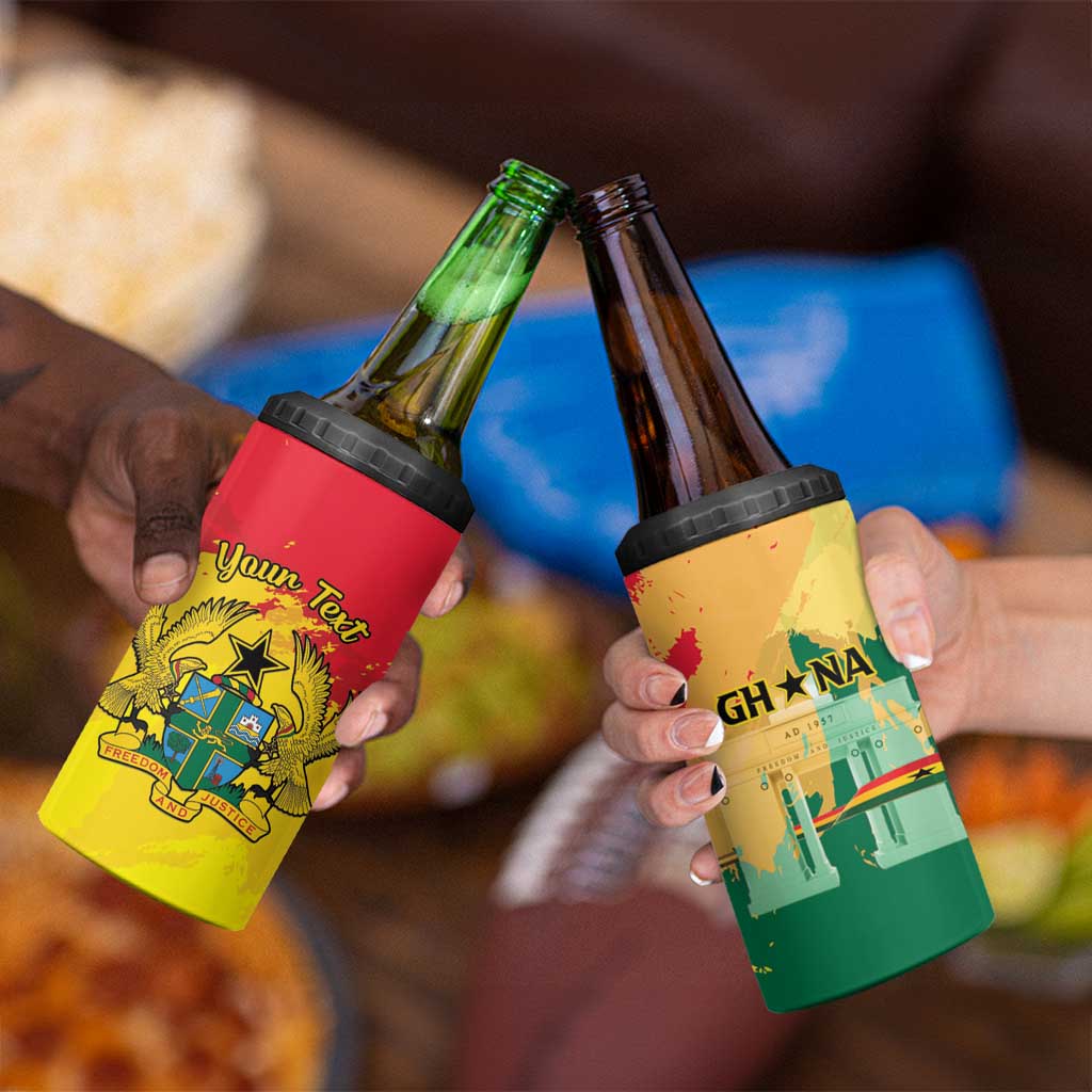 Personalized Ghana Republic Day 4 in 1 Can Cooler Tumbler Black Star Square With Coat Of Arms