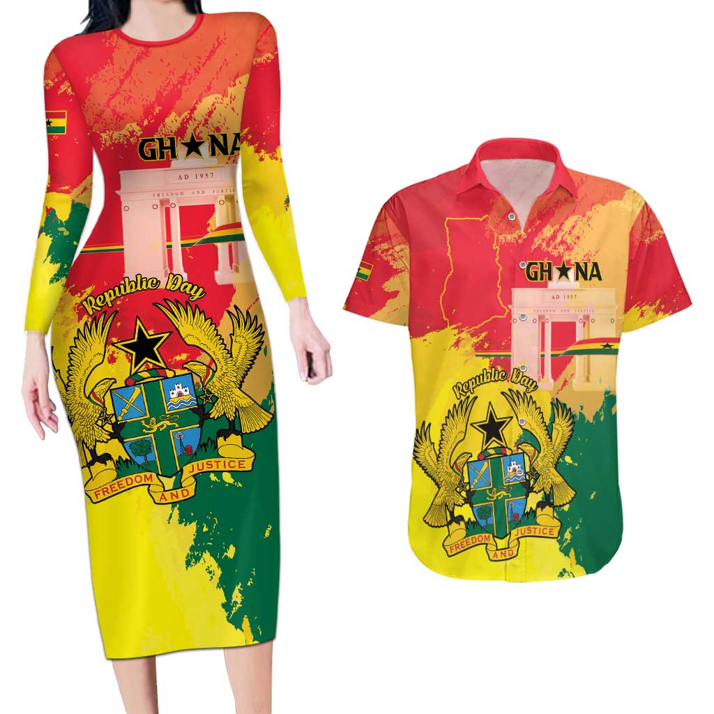 Personalized Ghana Republic Day Couples Matching Long Sleeve Bodycon Dress and Hawaiian Shirt Black Star Square With Coat Of Arms