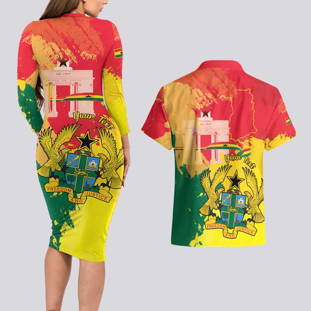 Personalized Ghana Republic Day Couples Matching Long Sleeve Bodycon Dress and Hawaiian Shirt Black Star Square With Coat Of Arms