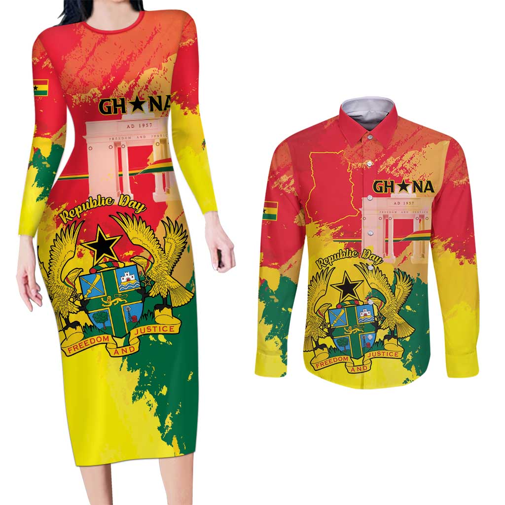 Personalized Ghana Republic Day Couples Matching Long Sleeve Bodycon Dress and Long Sleeve Button Shirt Black Star Square With Coat Of Arms