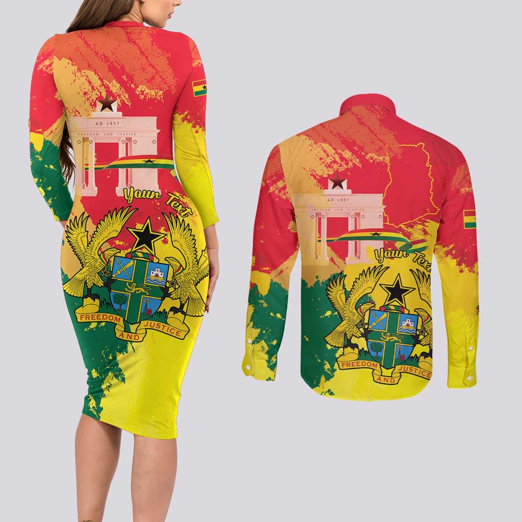 Personalized Ghana Republic Day Couples Matching Long Sleeve Bodycon Dress and Long Sleeve Button Shirt Black Star Square With Coat Of Arms