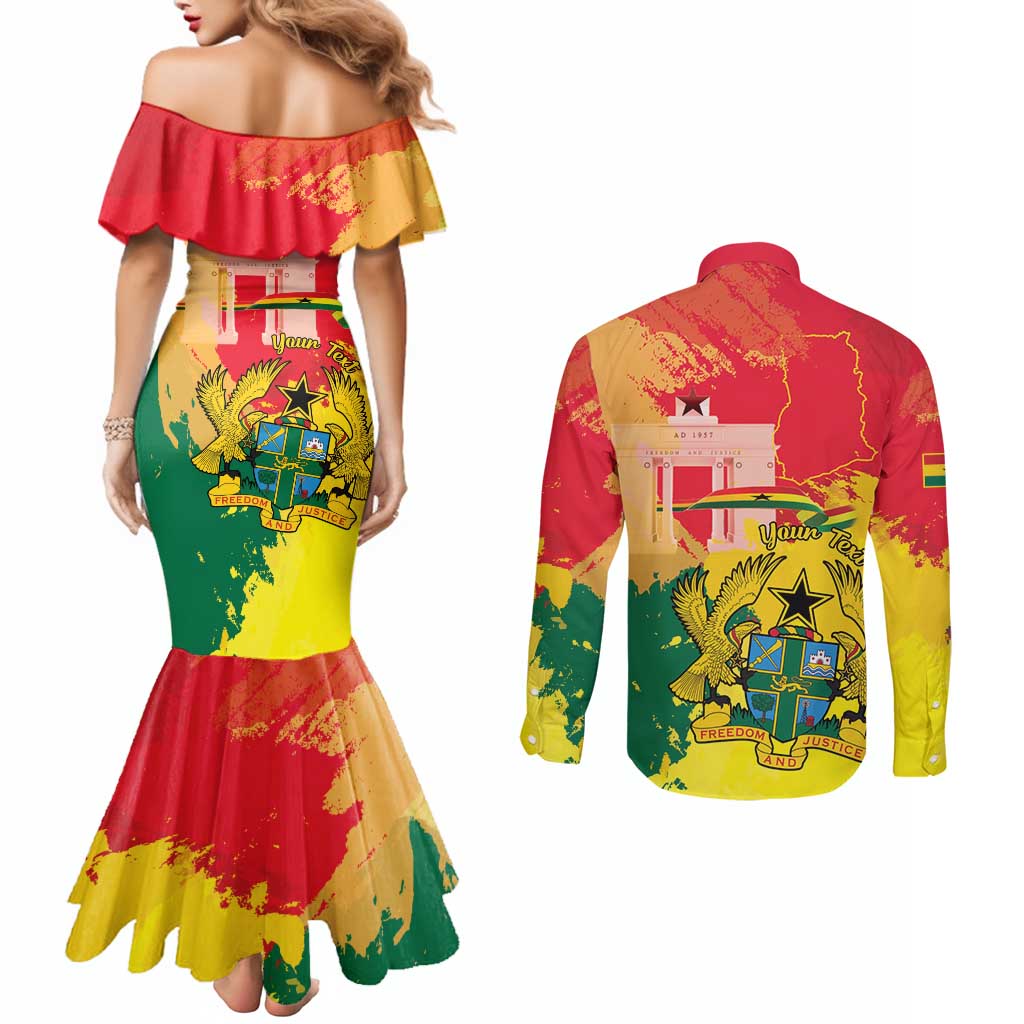 Personalized Ghana Republic Day Couples Matching Mermaid Dress and Long Sleeve Button Shirt Black Star Square With Coat Of Arms