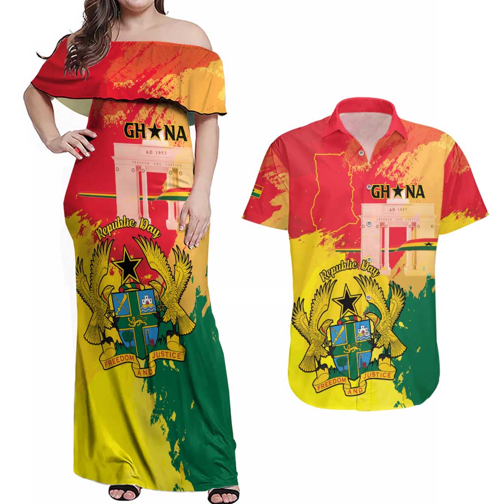 Personalized Ghana Republic Day Couples Matching Off Shoulder Maxi Dress and Hawaiian Shirt Black Star Square With Coat Of Arms