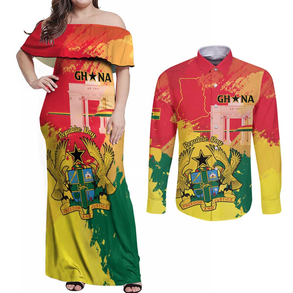 Personalized Ghana Republic Day Couples Matching Off Shoulder Maxi Dress and Long Sleeve Button Shirt Black Star Square With Coat Of Arms