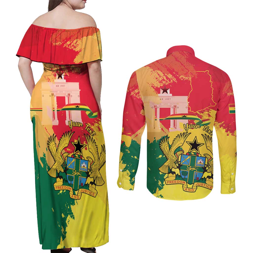 Personalized Ghana Republic Day Couples Matching Off Shoulder Maxi Dress and Long Sleeve Button Shirt Black Star Square With Coat Of Arms