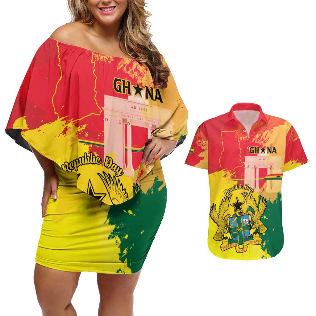 Personalized Ghana Republic Day Couples Matching Off Shoulder Short Dress and Hawaiian Shirt Black Star Square With Coat Of Arms