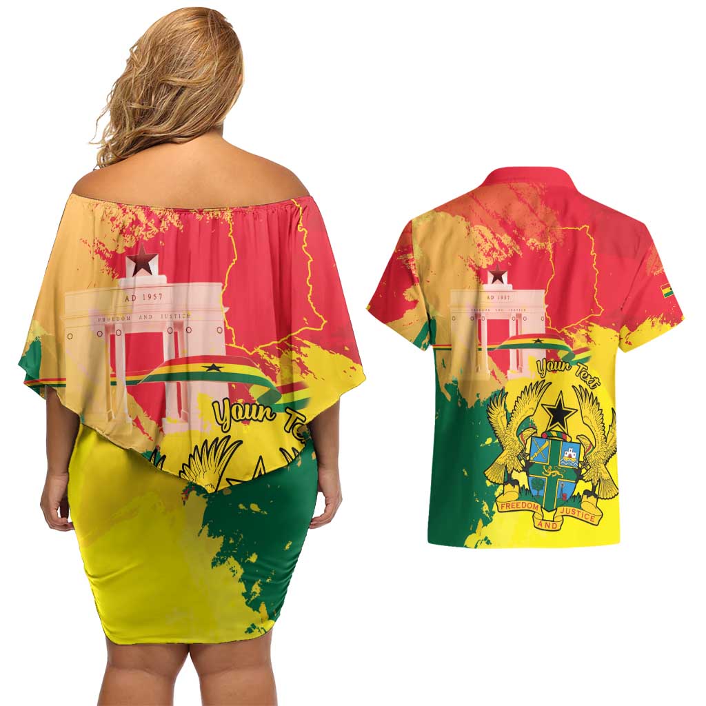 Personalized Ghana Republic Day Couples Matching Off Shoulder Short Dress and Hawaiian Shirt Black Star Square With Coat Of Arms